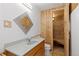 Bathroom featuring wood paneling, custom vanity, and sauna at 310 S Alkire St, Lakewood, CO 80228