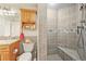 Bathroom showcasing a shower with tiled surround, vanity, and a decorative backsplash at 4222 Serenade Rd, Castle Rock, CO 80104