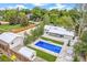 Aerial view highlighting the backyard pool, outdoor dining area, and surrounding greenery at 2981 Teller St, Wheat Ridge, CO 80033