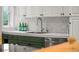 Close-up of kitchen features, including a stainless steel sink, white cabinets, marble countertops, and stylish backsplash at 2867 Jasmine St, Denver, CO 80207