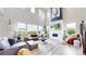 Spacious living room with a fireplace, high ceilings, large windows, and ample seating at 4585 High Mesa Cir, Castle Rock, CO 80108