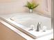 Close up of a bathtub with modern fixtures, neutral tile and a green plant on the side at 11842 Altura St, Commerce City, CO 80603