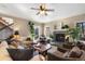 Cozy living room featuring a fireplace, comfortable seating, and large windows providing ample natural light at 17015 Oxbridge Rd, Monument, CO 80132