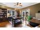 Well-lit office space with built-in bookshelves, large windows, hardwood floors, and access to the deck at 17015 Oxbridge Rd, Monument, CO 80132