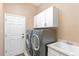 Laundry room with washer, dryer, cabinets, and utility sink at 17364 W 63Rd Dr, Arvada, CO 80403