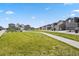 Neighborhood street scene with a grassy common area at 4770 N Jasper St, Denver, CO 80239
