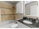 Bathroom featuring a shower over bath and black granite sink top at 17616 Ponderosa Ave, Parker, CO 80134