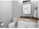 Well-lit powder bath featuring granite counters and mosaic backsplash at 920 Shady Oak Ln, Castle Pines, CO 80108
