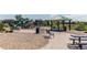 Community playground featuring slides, benches, picnic tables, and shade covering at 13871 Ivy St, Thornton, CO 80602