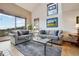 Bright living room featuring hardwood floors, stylish sofas, and ample natural light at 758 Chimney Creek Dr # C, Golden, CO 80401