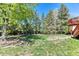 Spacious backyard featuring mature trees, a lush lawn, and a fire pit, perfect for outdoor gatherings and relaxation at 879 S Cole Dr, Lakewood, CO 80228