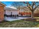 The beautiful backyard has a concrete patio, modern seating, and a built-in fire pit at 4074 S Poplar Way, Denver, CO 80237