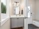 Stylish half-bathroom featuring modern vanity and fixtures next to a door with sidelight at 1691 W 66Th Ave, Denver, CO 80221