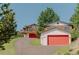 Inviting log cabin exterior with a red garage door and a charming mountain setting at 12135 Cochise Cir, Conifer, CO 80433