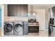 Stylish kitchen featuring modern appliances and adjacent laundry at 755 Newark St, Aurora, CO 80010