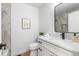 Modern bathroom with stylish vanity, sleek fixtures, and beautiful tile in the shower at 2275 S Yosemite Cir, Denver, CO 80231