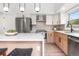 Well-equipped kitchen with stainless steel appliances, center island, and a combination of light and wood cabinets at 2275 S Yosemite Cir, Denver, CO 80231