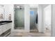 Bathroom featuring wood-look tile floors, a black countertop, a glass-enclosed shower with mosaic tile, and a toilet at 11023 Pastel Pt, Parker, CO 80134
