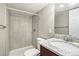 Basement bathroom with shower, toilet and granite vanity at 3092 S Kearney St, Denver, CO 80222