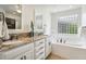 Elegant bathroom with granite countertops, a soaking tub, stylish fixtures, and a unique glass block window at 1290 S Milwaukee St, Denver, CO 80210