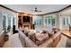 Comfortable living room with fireplace, built-in shelves and large windows at 291 Fairchild Dr, Highlands Ranch, CO 80126