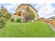 Well-kept backyard with fresh green grass, lush landscaping, and a view of the home's exterior at 3762 White Rose Loop, Castle Rock, CO 80108