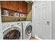Functional laundry room with washer, dryer, and overhead cabinets at 270 S Locust St, Denver, CO 80224