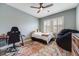 Cozy bedroom with light blue walls, ceiling fan, vibrant rug, and bright natural light at 493 Pine Flower Ct, Highlands Ranch, CO 80126