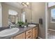 Double vanity bathroom features wood cabinetry and a large mirror at 9599 Cedarhurst Ln # A, Highlands Ranch, CO 80129