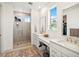Modern bathroom with dual vanities, a glass-enclosed shower, and stylish finishes at 3187 S Quaker St, Morrison, CO 80465