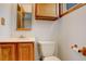 Cozy bathroom featuring a single sink vanity, toilet, and matching wood accents at 2885 S Gilpin St, Denver, CO 80210