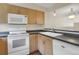 Kitchen view featuring stainless steel appliances, wood cabinets, dark countertops, and ample lighting at 162 Blue Spruce Ct, Highlands Ranch, CO 80126