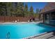 Outdoor community pool with lounge chairs, tables, and a fence with tall pine trees in the background at 305 S Park Ave # 205, Breckenridge, CO 80424