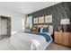 Comfortable bedroom with unique wallpaper, complementing side tables and decor at 4708 Windmill Dr, Brighton, CO 80601