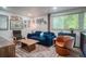 Bright living room showcases a blue sofa, wooden furniture, and a large window for natural light at 1842 Canyon Blvd # 105, Boulder, CO 80302