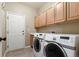 Well-organized laundry room with wooden cabinets, modern washer and dryer, and a functional workspace at 13262 Elizabeth St, Thornton, CO 80241