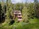 Aerial view showcases the house nestled among tall trees, featuring a fenced yard and spacious deck at 10858 Norton Ave, Conifer, CO 80433
