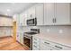 Modern kitchen with stainless steel appliances, quartz countertops, and stylish hardware for a sleek look at 6882 Oak Canyon Cir, Castle Pines, CO 80108