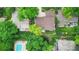 Aerial view of a home showcasing its roof, landscaping, backyard, and pool at 6581 E Heritage Pl, Englewood, CO 80111