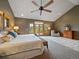 Spacious bedroom with high ceilings, ceiling fan, balcony, and a sitting area at 5939 Lone Peak Dr, Evergreen, CO 80439