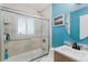 Bathroom featuring a shower, sink, toilet, and neutral walls with a pop of blue at 2680 S Garfield Cir, Denver, CO 80210