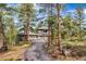 Beautiful home exterior with a long driveway and mature trees, offering privacy and curb appeal at 166 S Rainbow Trl, Evergreen, CO 80439