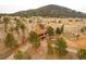 An aerial view of a two story home with a mountain backdrop and mature trees on the property at 26167 De Berry St, Conifer, CO 80433