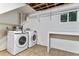 Convenient laundry room equipped with modern Samsung washer and dryer units and a folding table at 13586 W Warren Cir, Lakewood, CO 80228