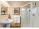 Bathroom with white pedestal sink, mirrored medicine cabinet, and glass enclosed shower at 18645 Rocky Top Trl, Littleton, CO 80127