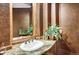 Half bathroom featuring decorative mirror, unique wall design, granite countertop, and decorative sink at 9164 E Lost Hill Trl, Lone Tree, CO 80124