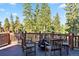 Inviting deck features wooden seating area with views of the trees at 180 Emmett Lode Rd, Breckenridge, CO 80424