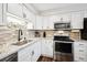 This modern kitchen offers white cabinets, stainless steel appliances and granite countertops at 7310 S Sheridan Ct, Littleton, CO 80128