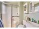 Compact bathroom with a glass-enclosed shower, toilet, and vanity with a mirrored cabinet at 4056 E Orchard Rd, Centennial, CO 80121