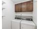 The laundry room has upper storage cabinets, shelves and a stacked washer and dryer combo at 3210 S Oneida Way, Denver, CO 80224